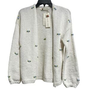 Fanm Mon Hand Knit Blue Rose Cardigan Cotton Sweater | Womens M L NEW